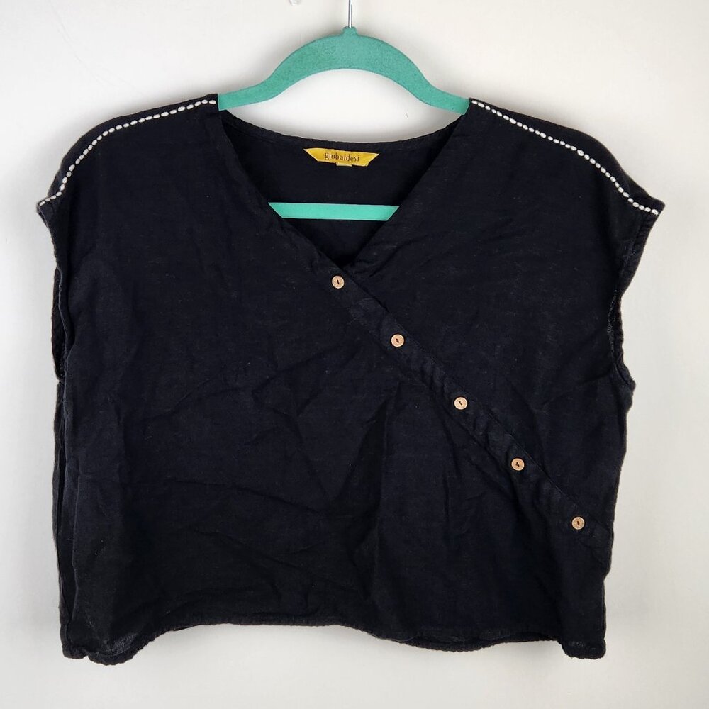 Global Desi Cotton Linen Blend Black Crop Top Asymmetric Buttons sz L